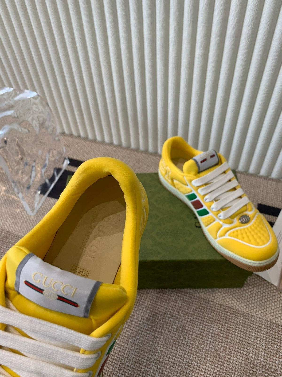 Gucci Screener Sneaker with Web Lemon Calfskin