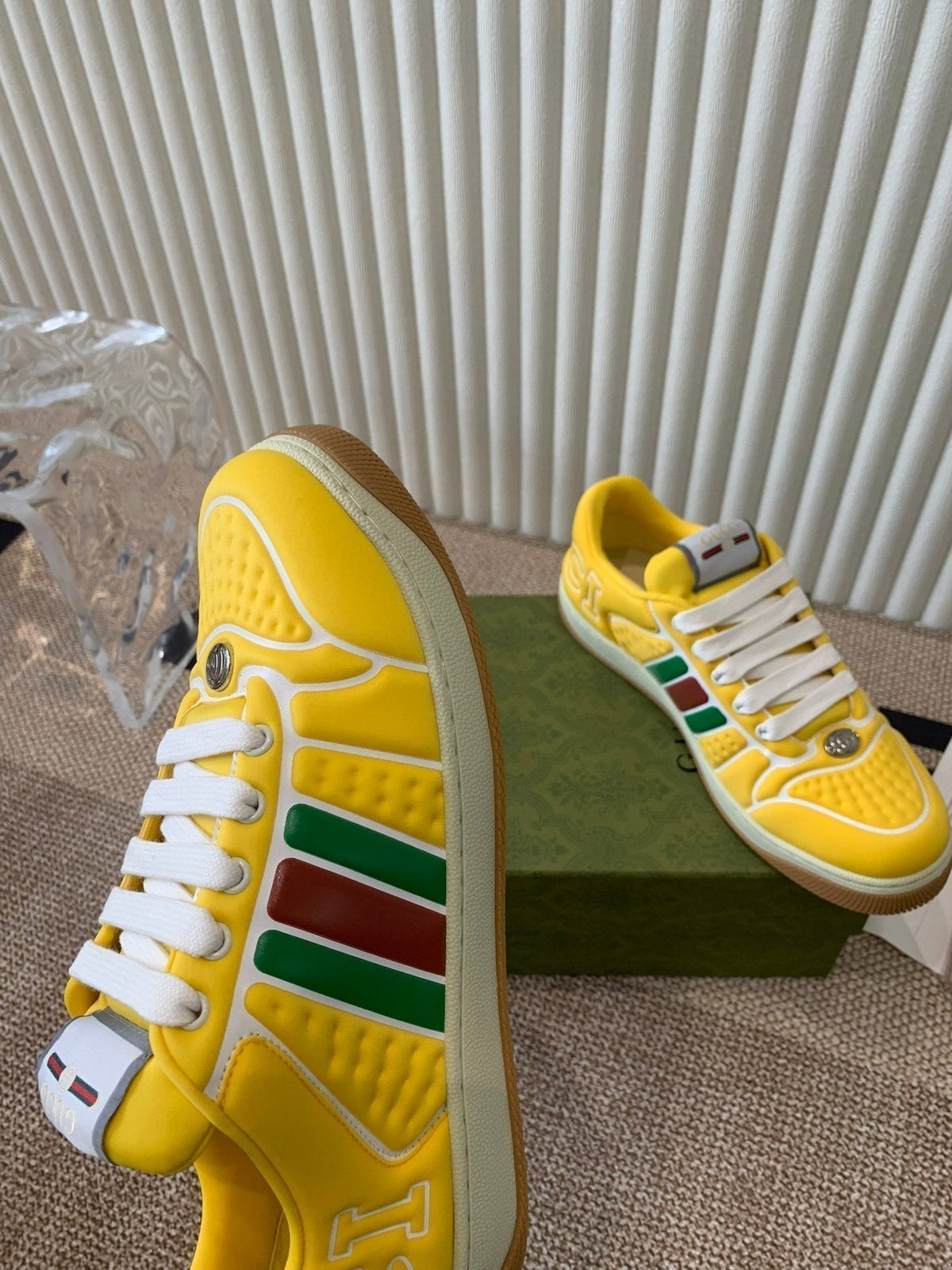 Gucci Screener Sneaker with Web Lemon Calfskin