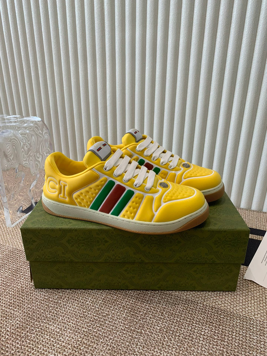 Gucci Screener Sneaker with Web Lemon Calfskin