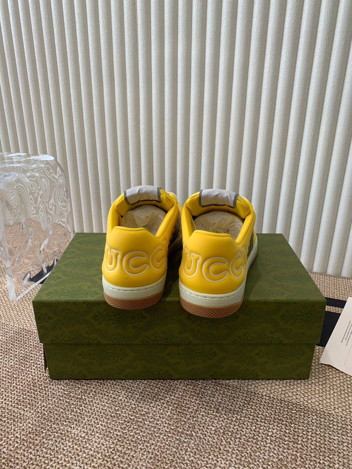 Gucci Screener Sneaker with Web Lemon Calfskin