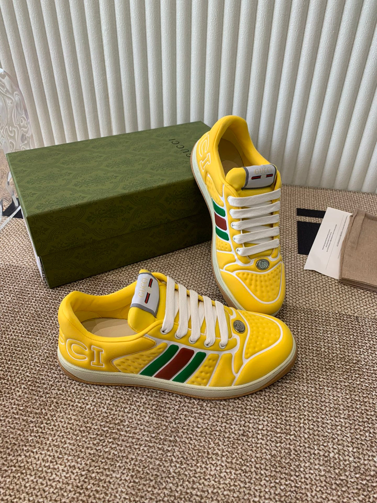 Gucci Screener Sneaker with Web Lemon Calfskin