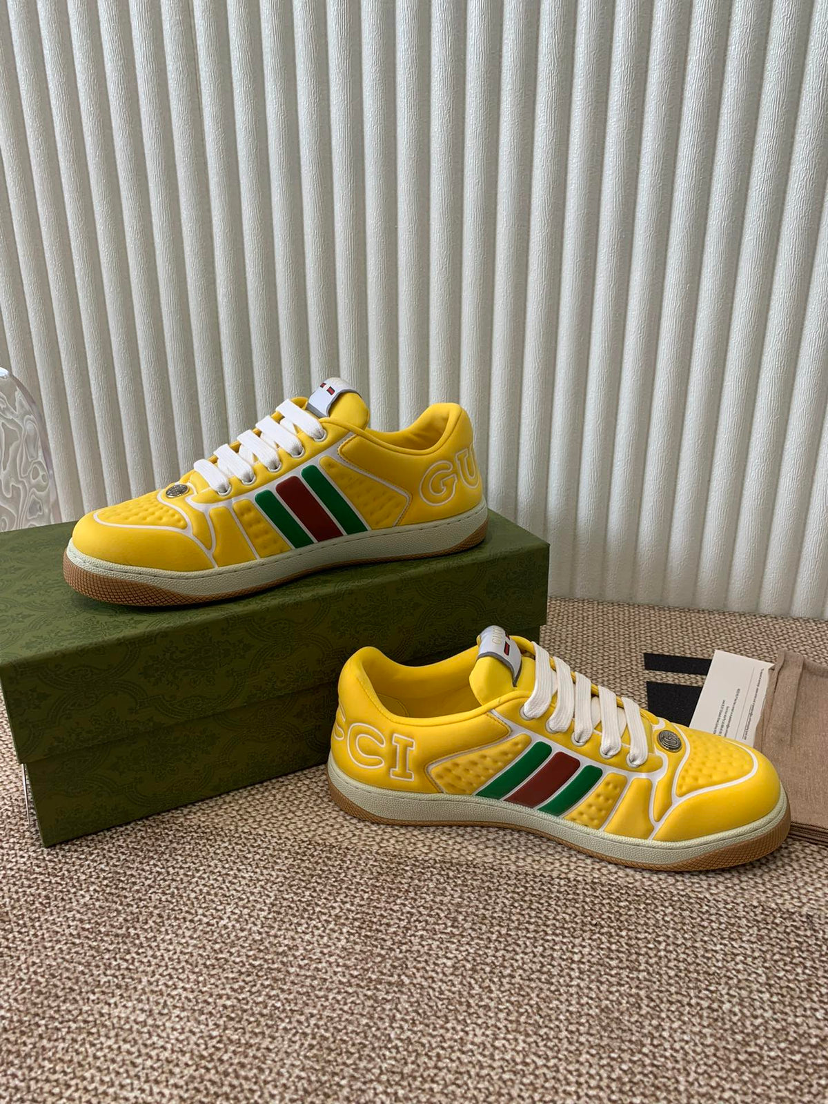 Gucci Screener Sneaker with Web Lemon Calfskin