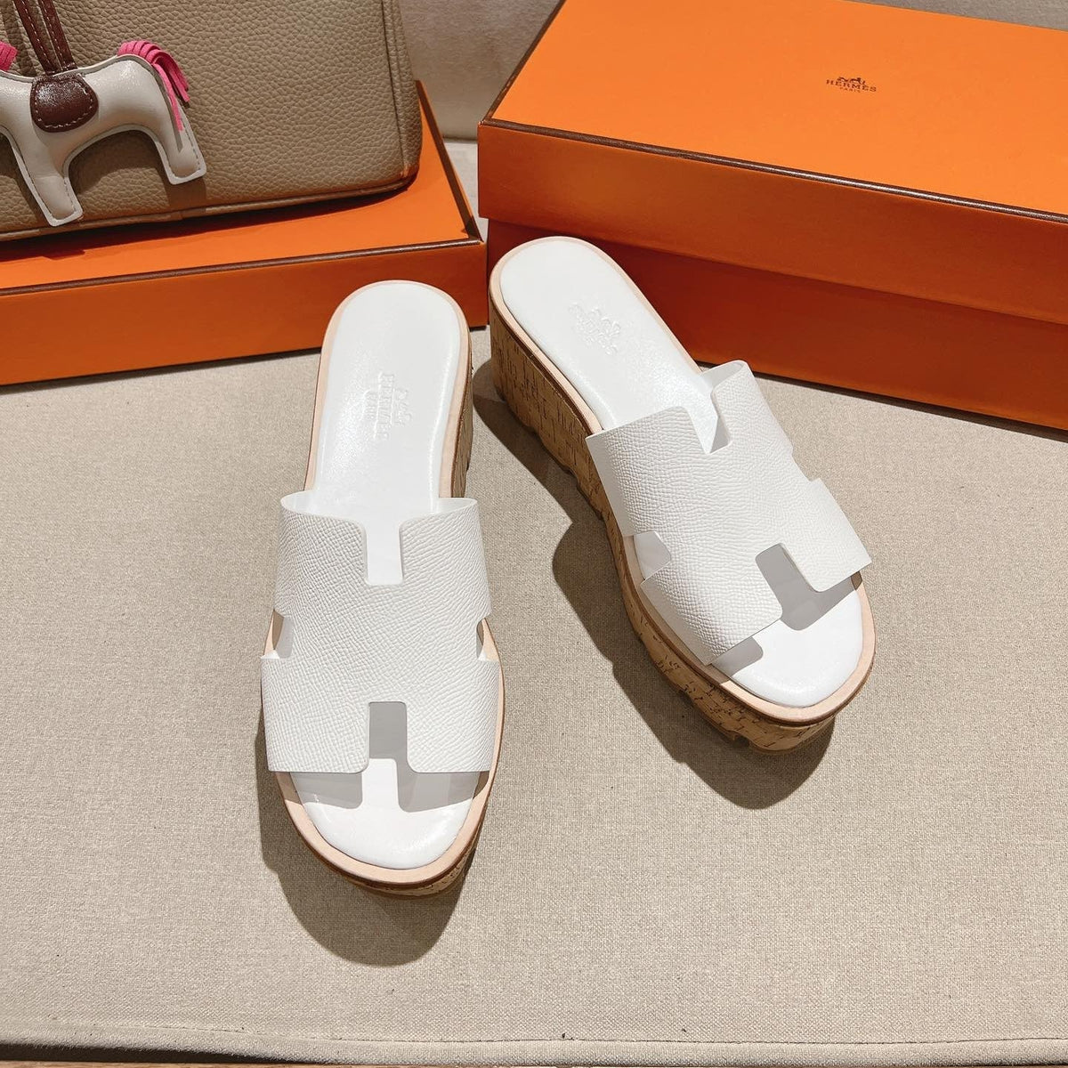Hermes 25S High Wedge Sandals in White Lambskin Style 34