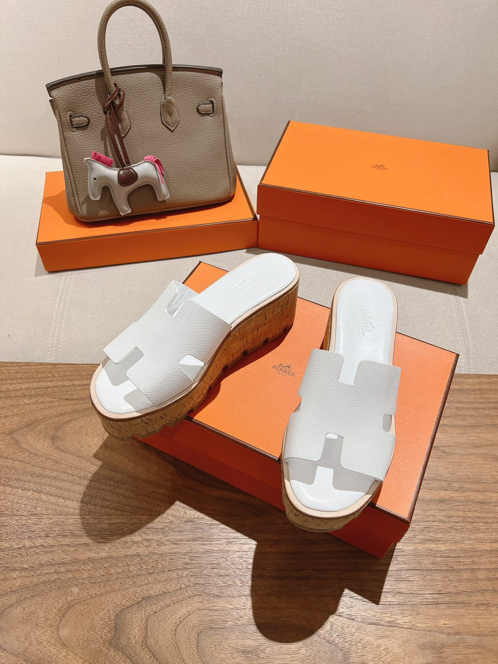 Hermes 25S High Wedge Sandals in White Lambskin Style 34