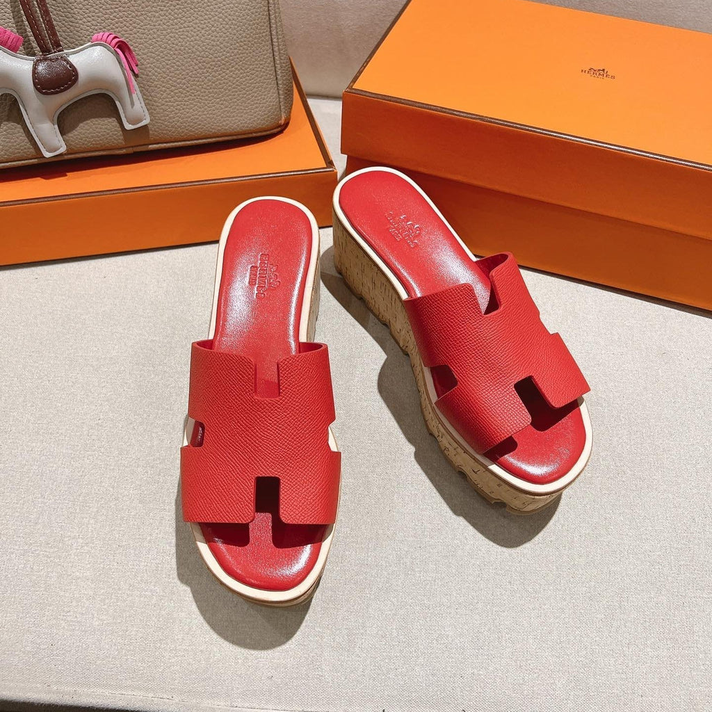 Hermes 25S High Wedge Sandals in Red Lambskin Style 35