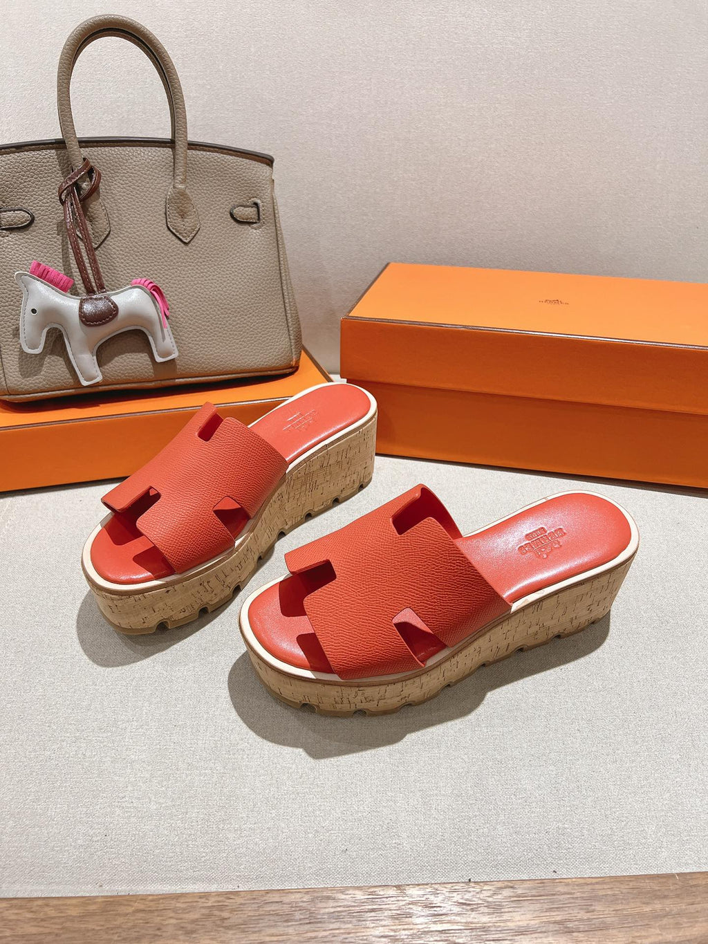 Hermes 25S High Wedge Sandals in Dark Orange Lambskin Style 33