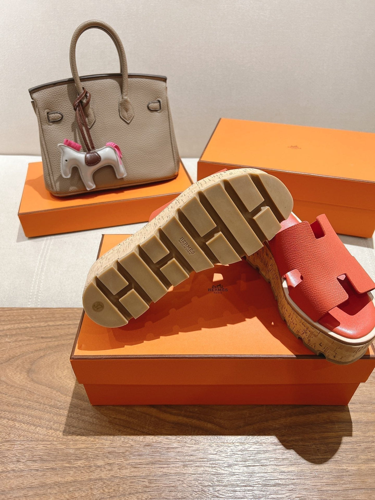 Hermes 25S High Wedge Sandals in Dark Orange Lambskin Style 33