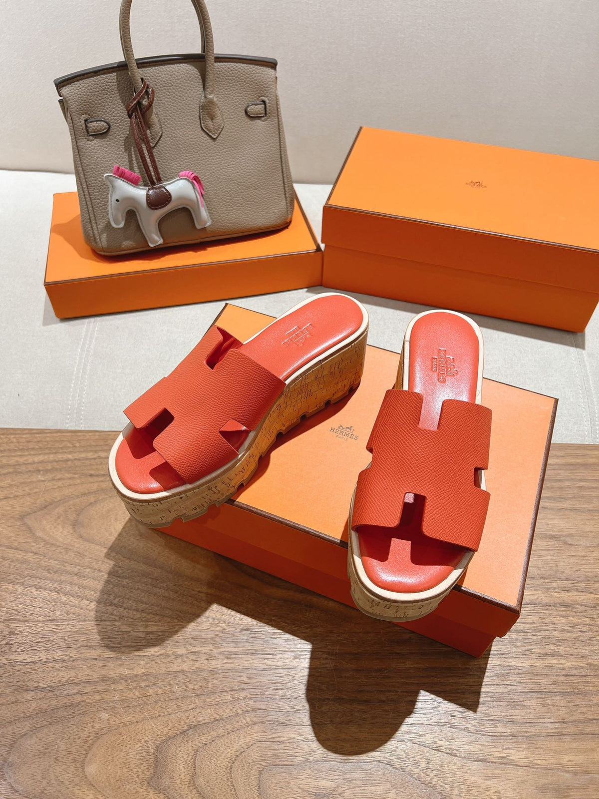 Hermes 25S High Wedge Sandals in Dark Orange Lambskin Style 33