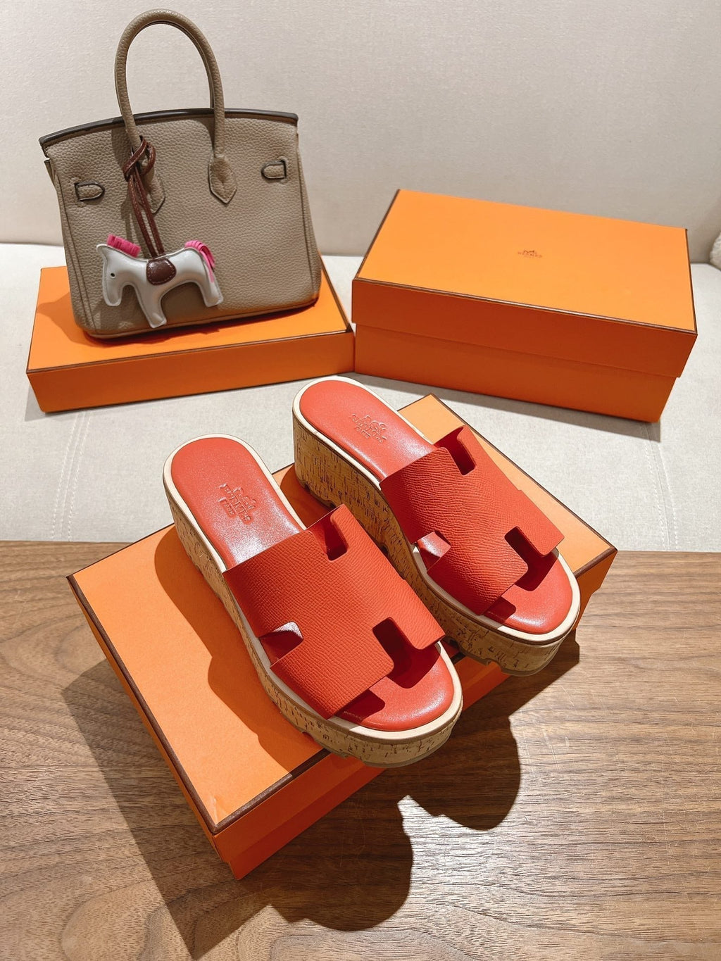 Hermes 25S High Wedge Sandals in Dark Orange Lambskin Style 33