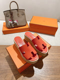 Hermes 25S High Wedge Sandals in Dark Orange Lambskin Style 33