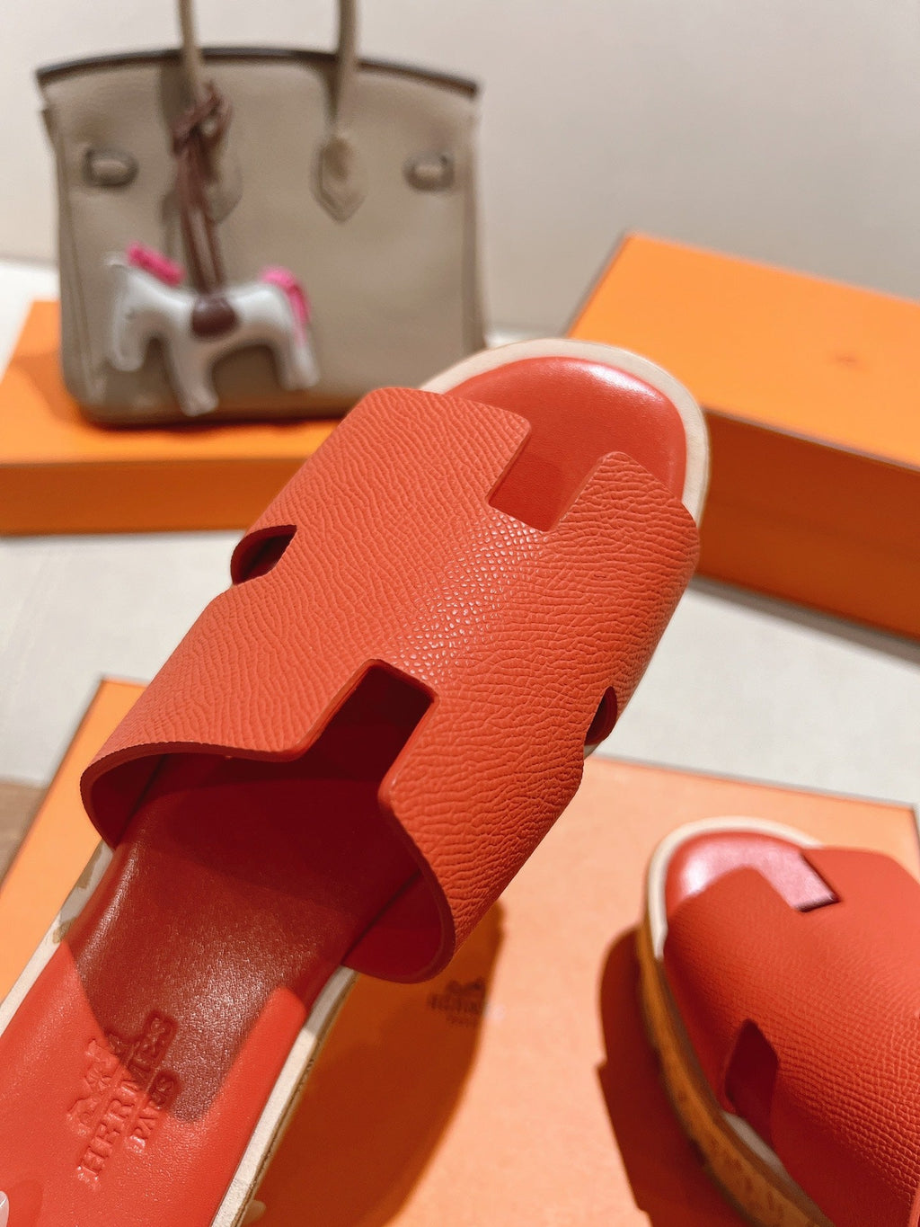 Hermes 25S High Wedge Sandals in Dark Orange Lambskin Style 33