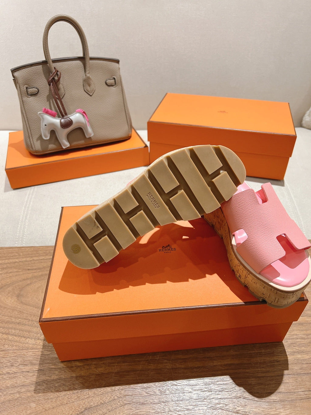 Hermes 25S High Wedge Sandals in Pink Lambskin Style 31