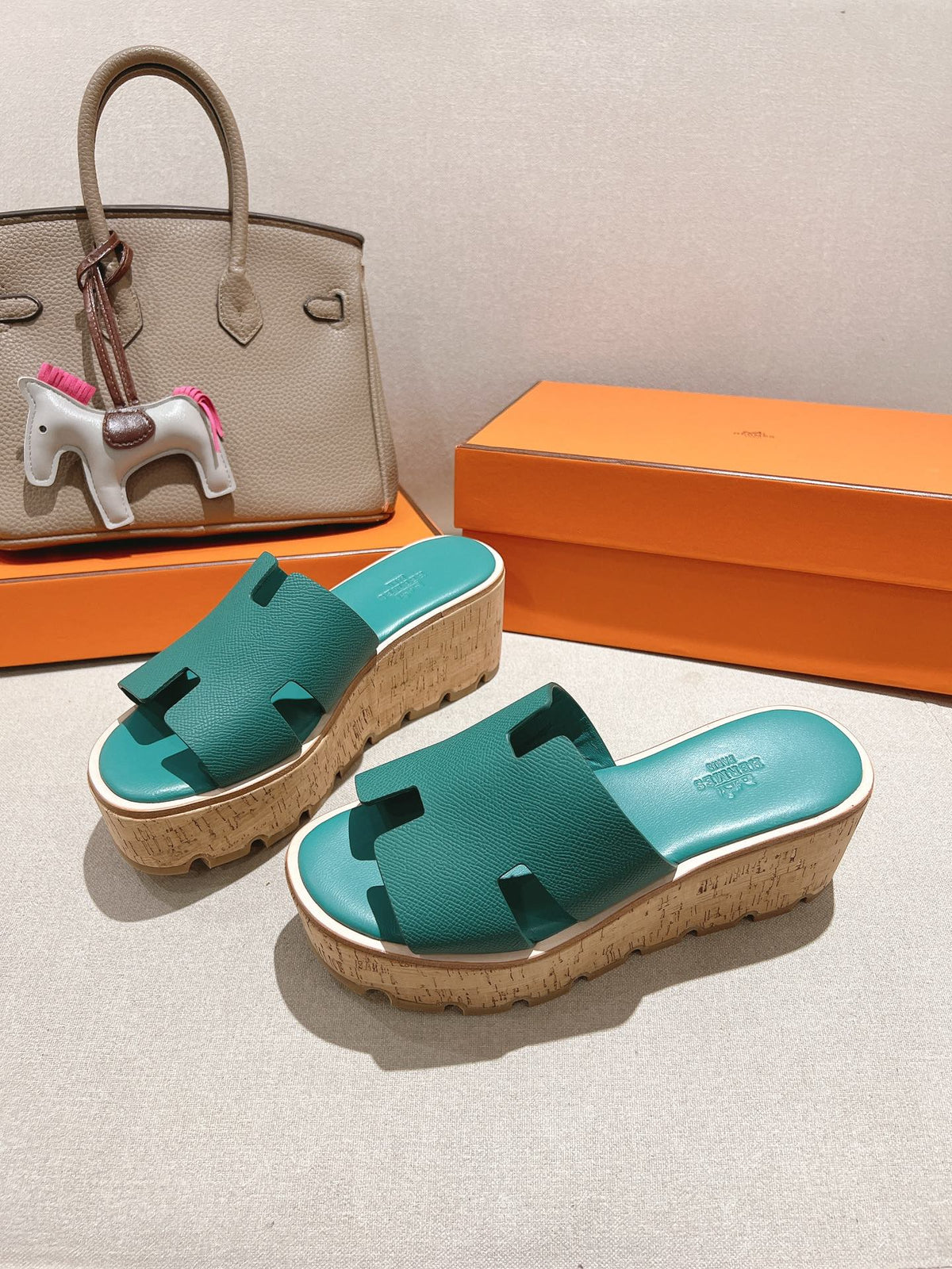Hermes 25S High Wedge Sandals in Pastel Sea Green Lambskin Style 30
