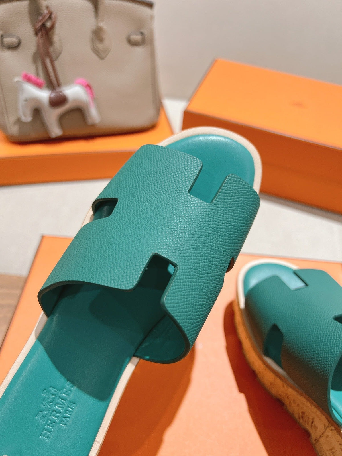 Hermes 25S High Wedge Sandals in Pastel Sea Green Lambskin Style 30