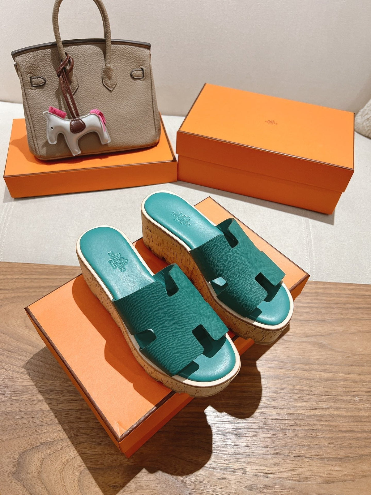 Hermes 25S High Wedge Sandals in Pastel Sea Green Lambskin Style 30