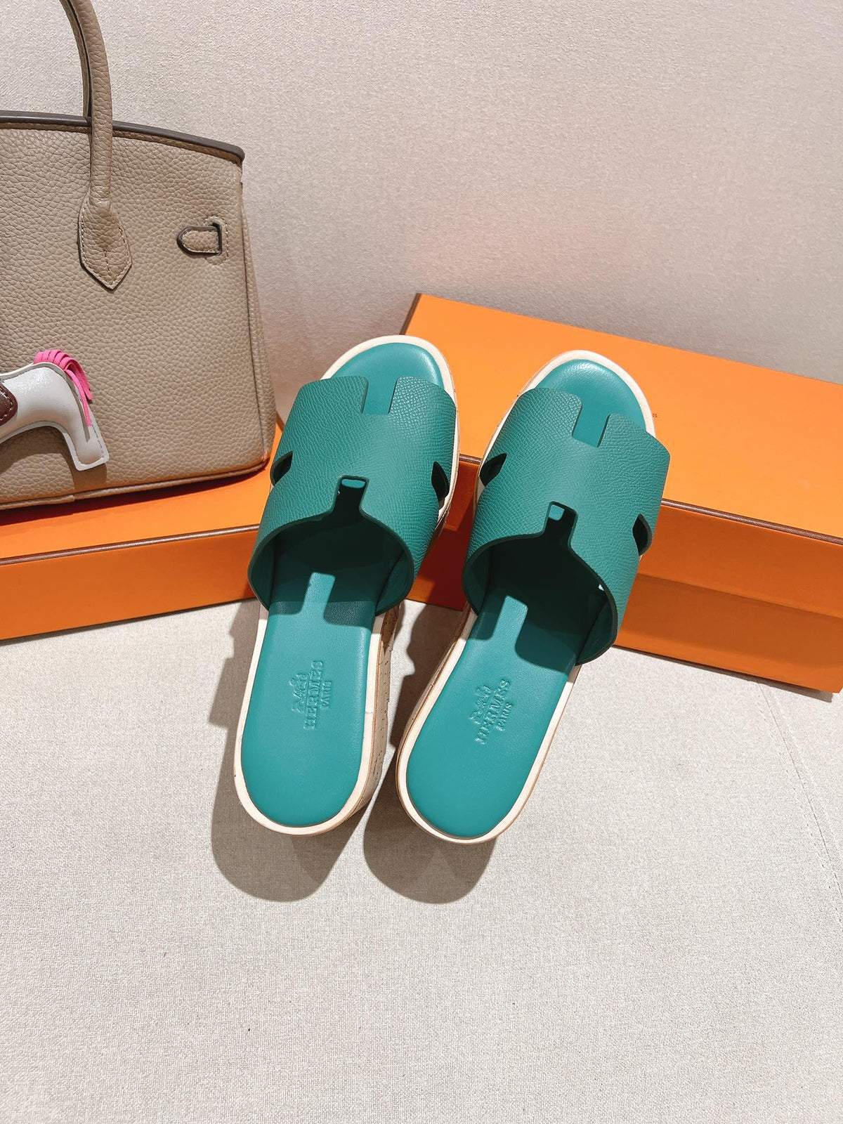 Hermes 25S High Wedge Sandals in Pastel Sea Green Lambskin Style 30