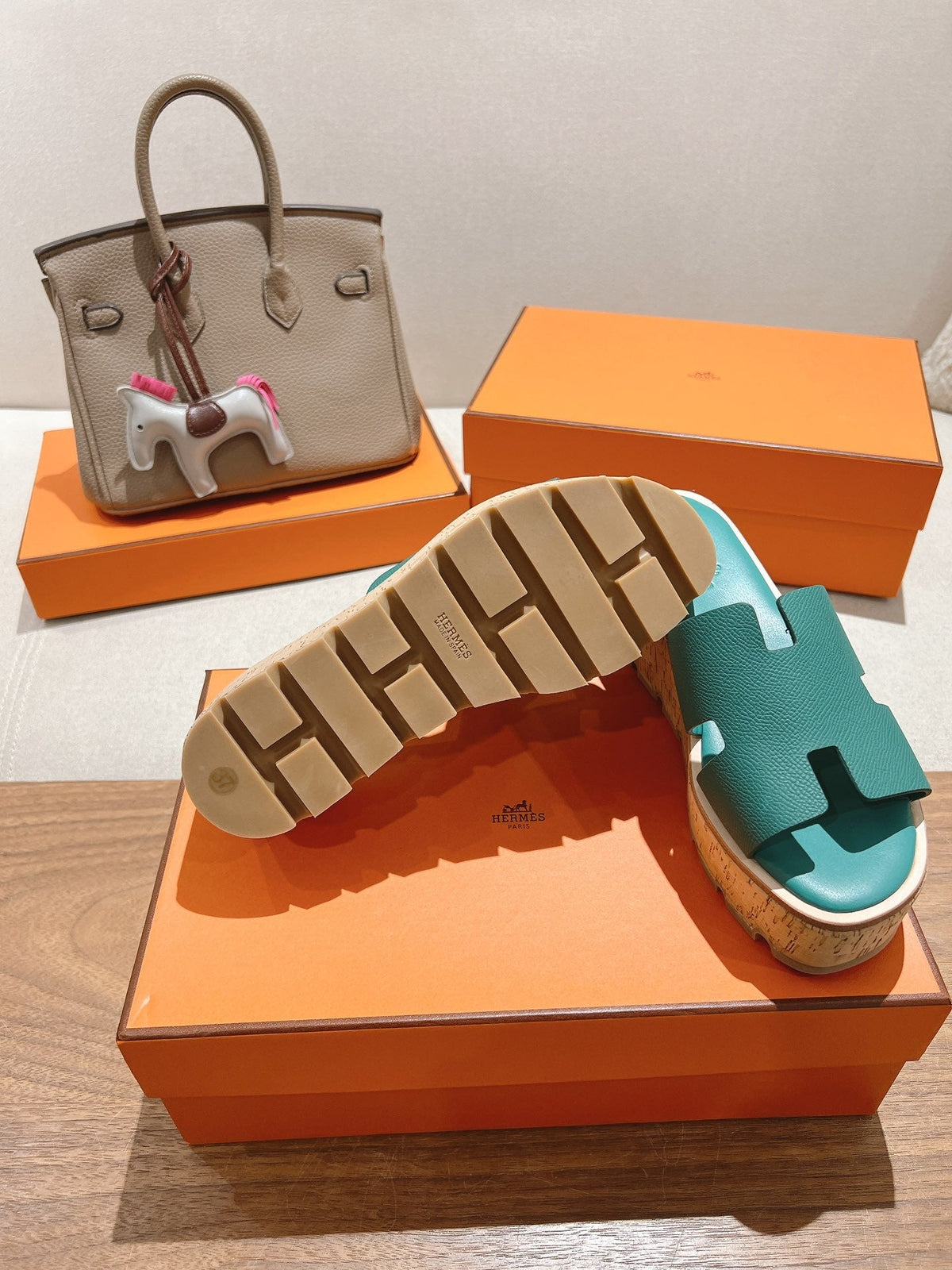 Hermes 25S High Wedge Sandals in Pastel Sea Green Lambskin Style 30