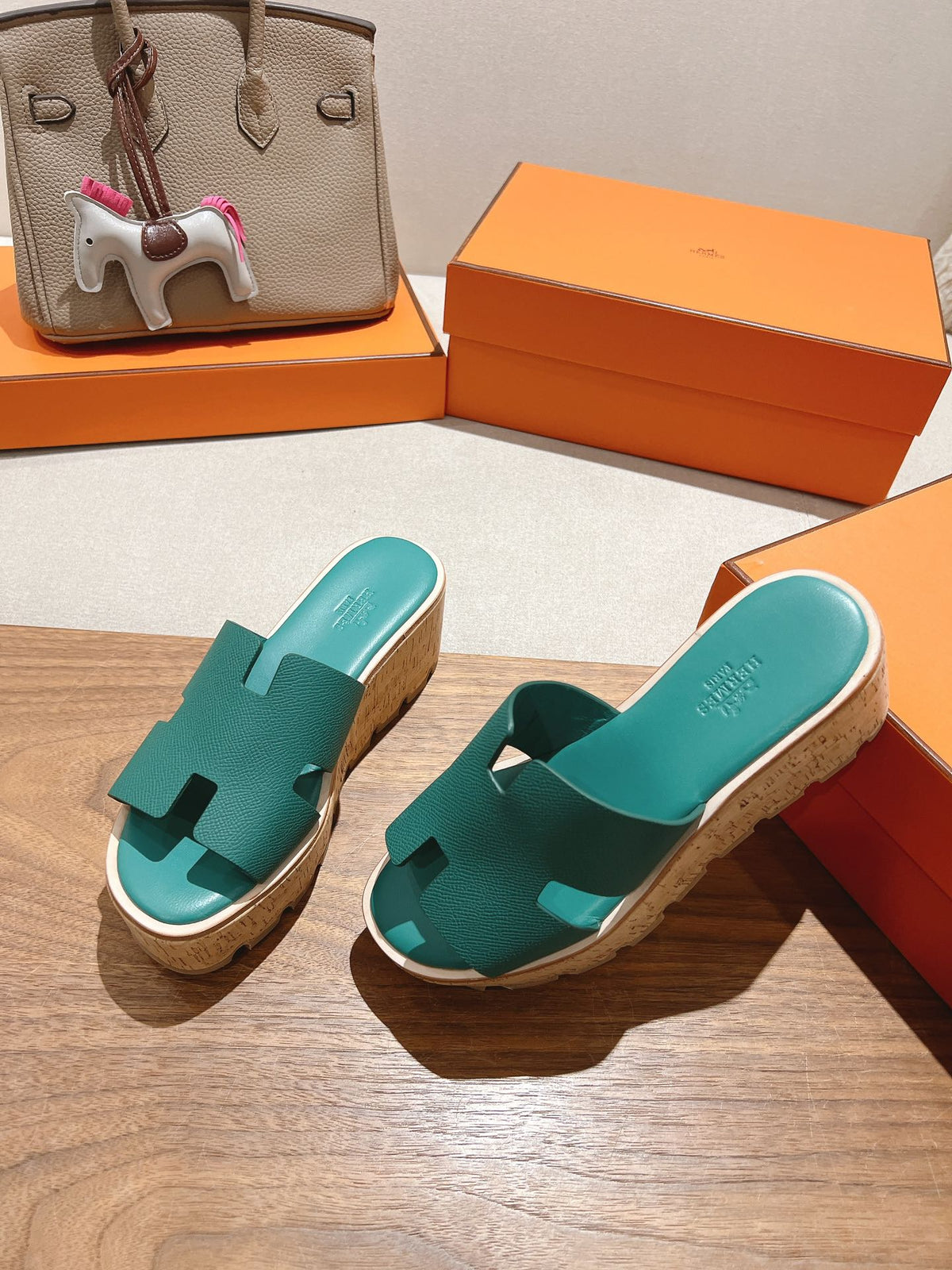 Hermes 25S High Wedge Sandals in Pastel Sea Green Lambskin Style 30