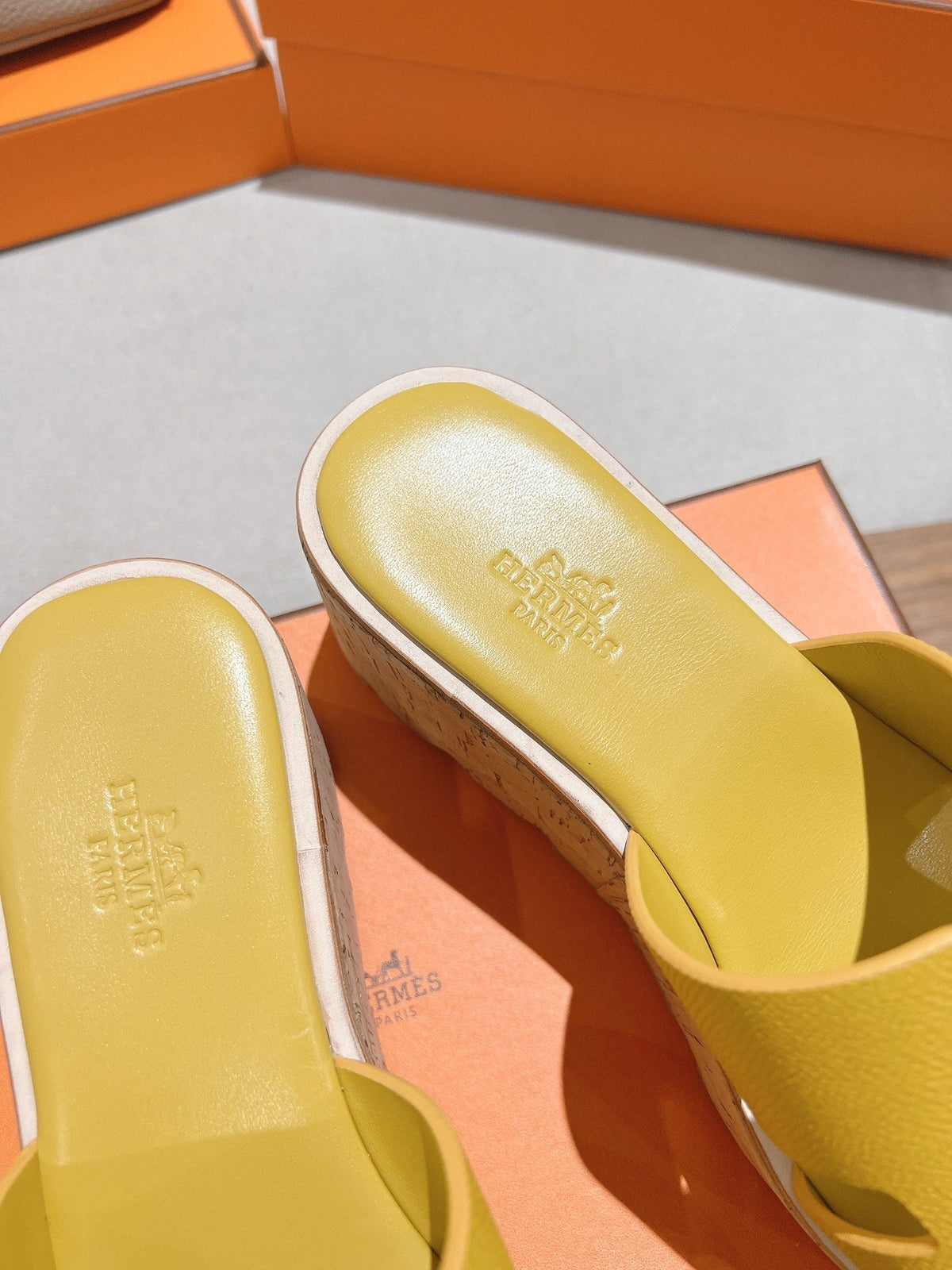 Hermes 25S High Wedge Sandals in Dark Yellow Lambskin Style 27