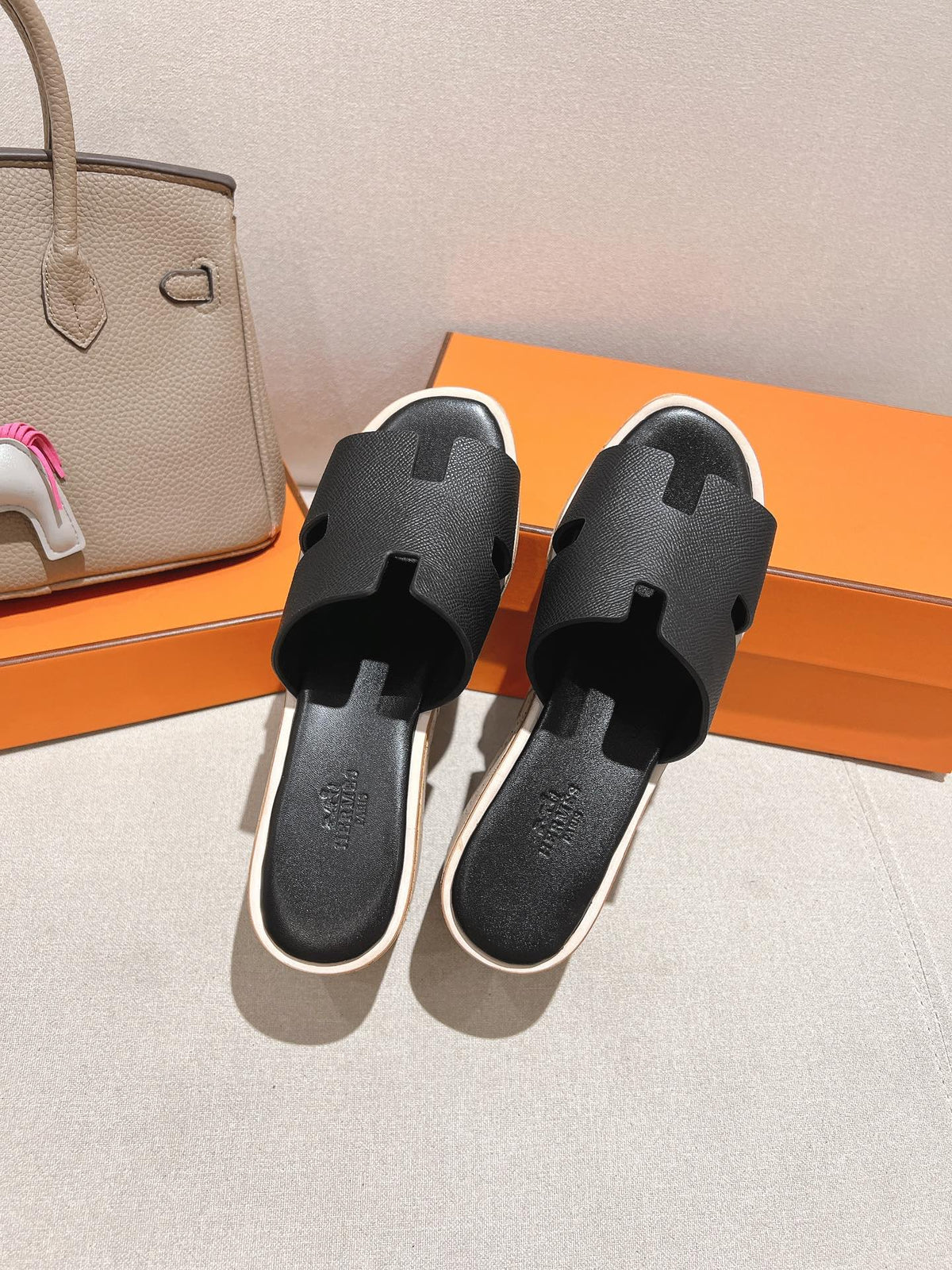Hermes 25S High Wedge Sandals in Black Lambskin Style 23