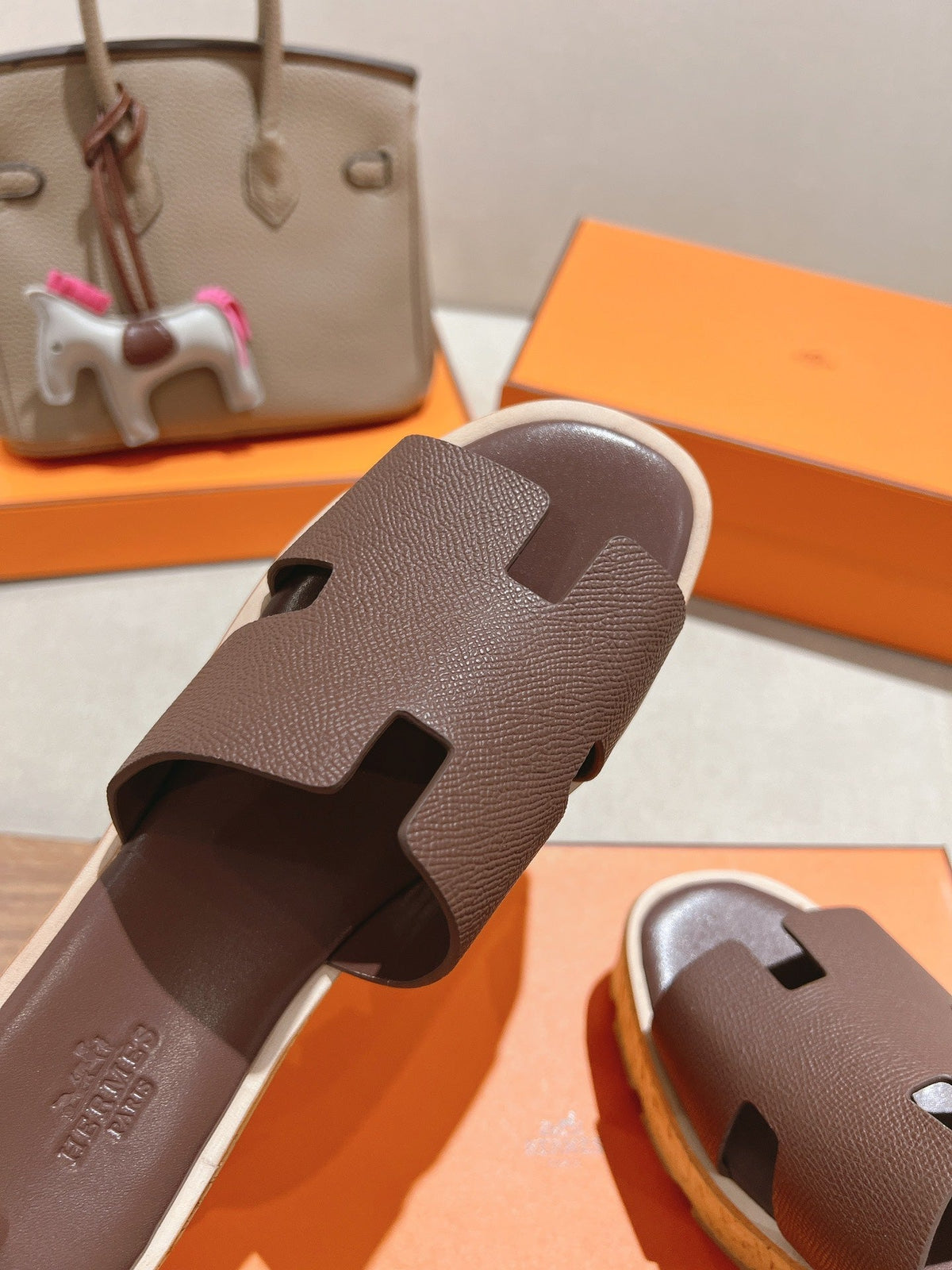 Hermes 25S High Wedge Sandals in Dusty Rose Brown Lambskin Style 19