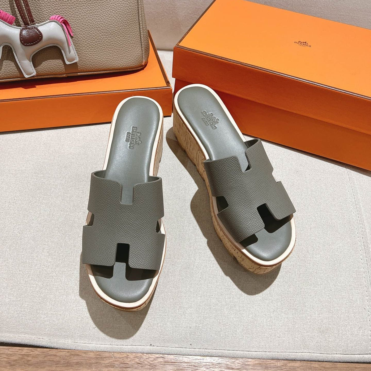 Hermes 25S High Wedge Sandals in Dark Grey Lambskin Style 11