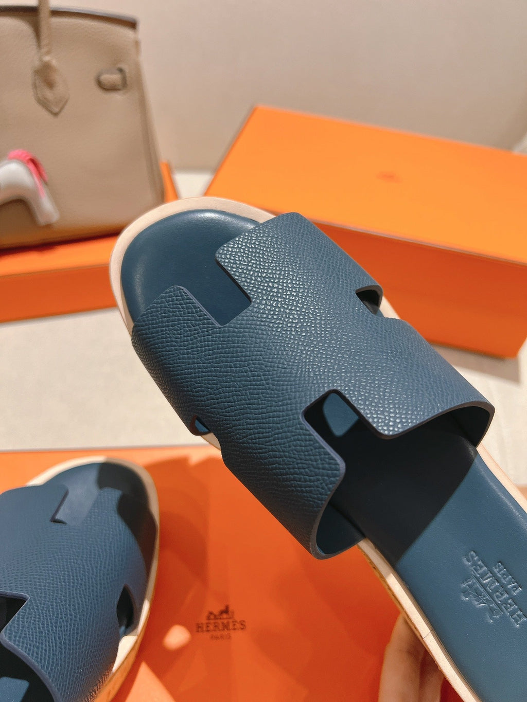 Hermes 25S High Wedge Sandals in Deep Slate Blue Lambskin Style 16