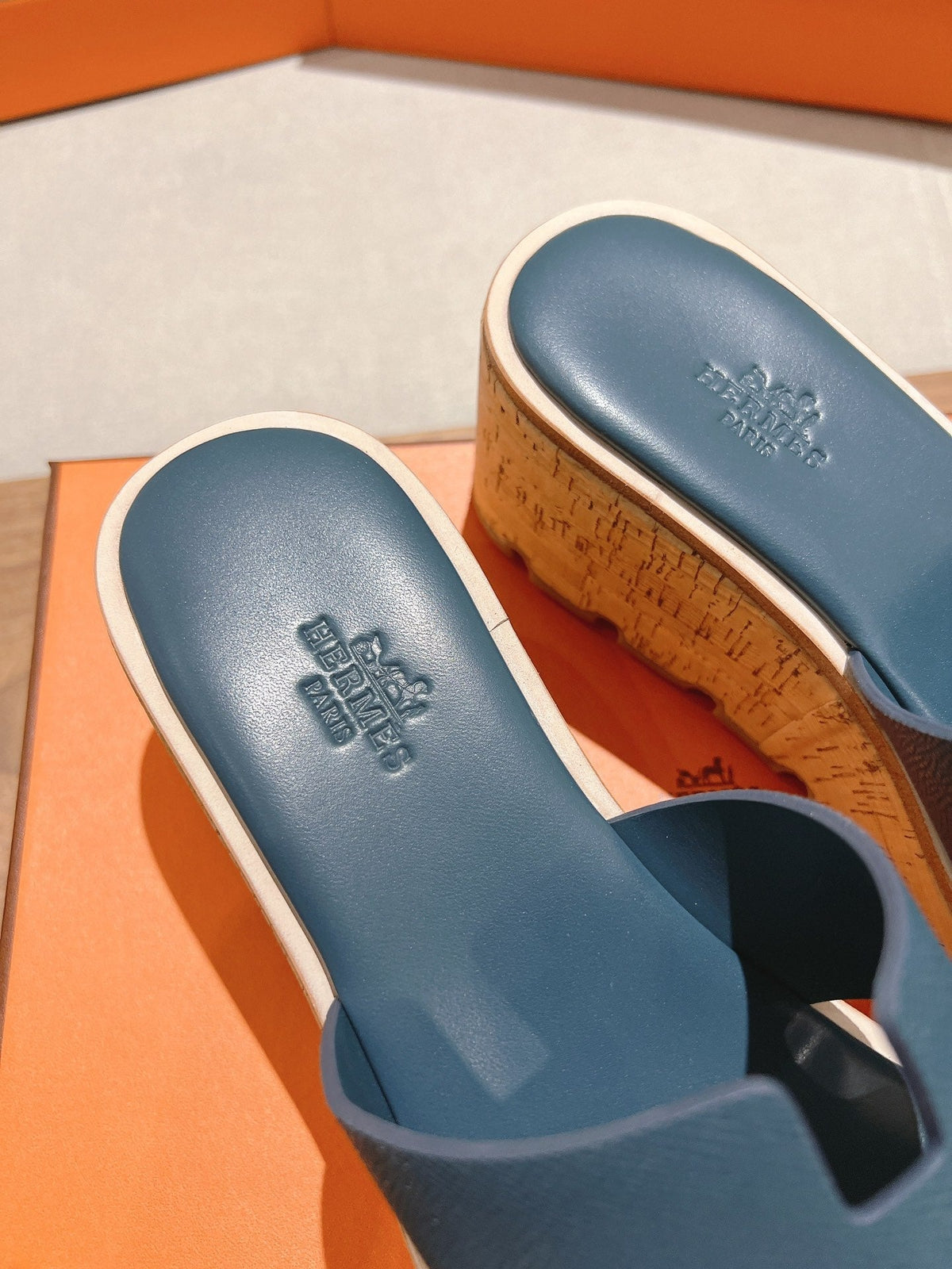 Hermes 25S High Wedge Sandals in Deep Slate Blue Lambskin Style 16