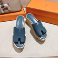 Hermes 25S High Wedge Sandals in Deep Slate Blue Lambskin Style 16