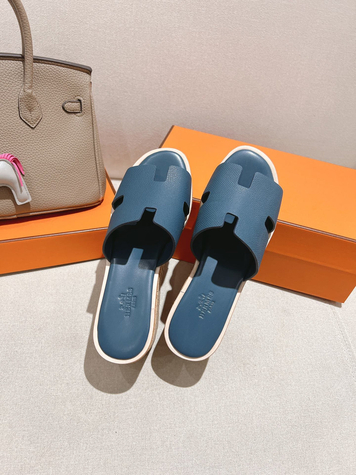 Hermes 25S High Wedge Sandals in Deep Slate Blue Lambskin Style 16
