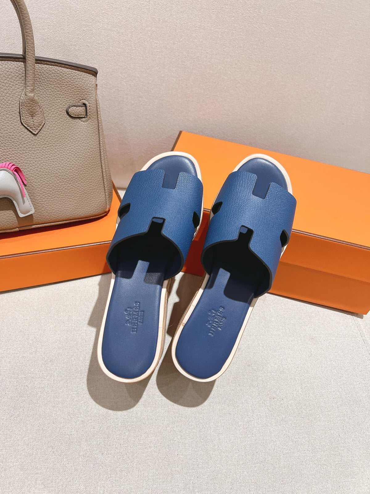 Hermes 25S High Wedge Sandals in Dark Steel Blue Lambskin Style 18