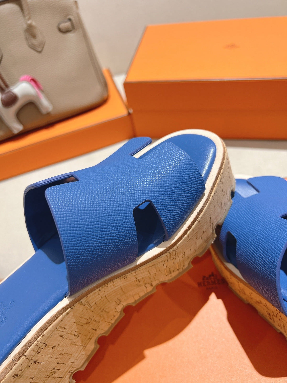 Hermes 25S High Wedge Sandals in Cobalt Blue Lambskin Style 20
