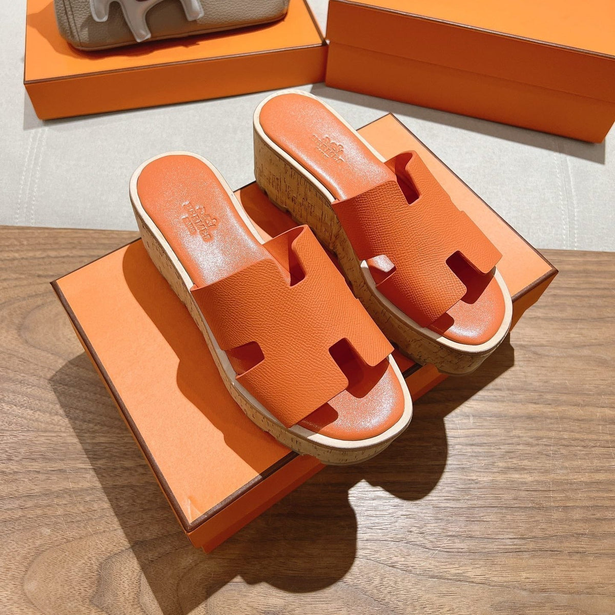 Hermes 25S High Wedge Sandals in Orange Lambskin Style 4