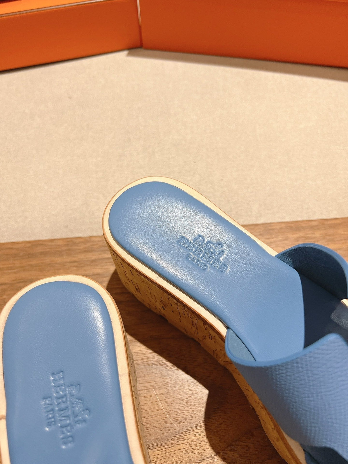 Hermes 25S High Wedge Sandals in Blue Lambskin Style 3