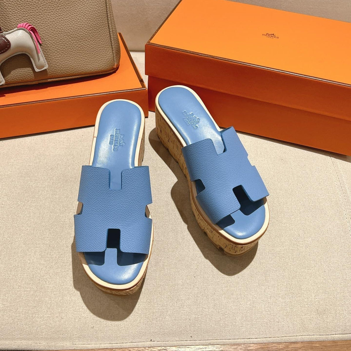 Hermes 25S High Wedge Sandals in Blue Lambskin Style 3