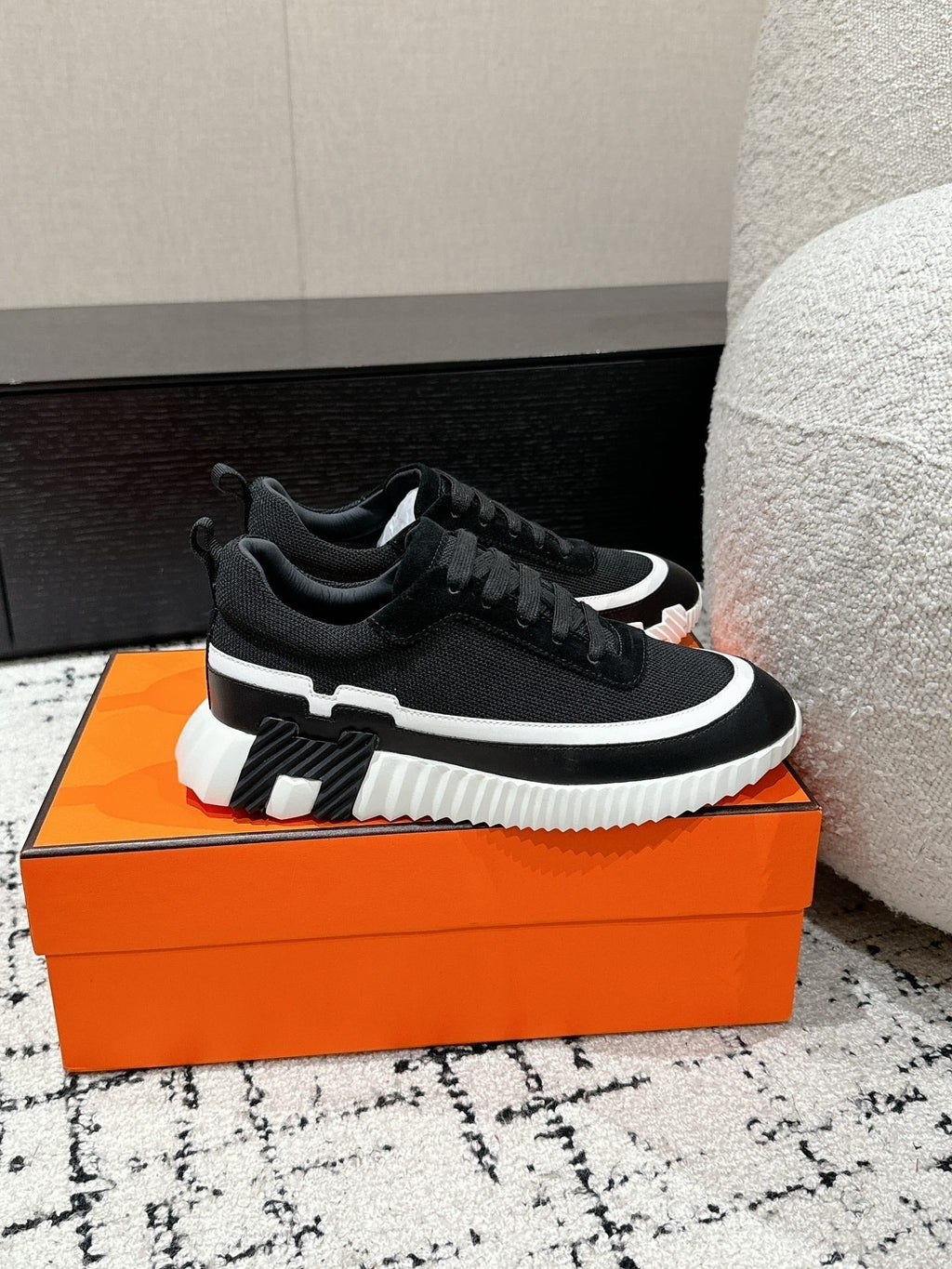 Hermes Bouncing Sneaker in Black Mix White Calfskin and Fabric
