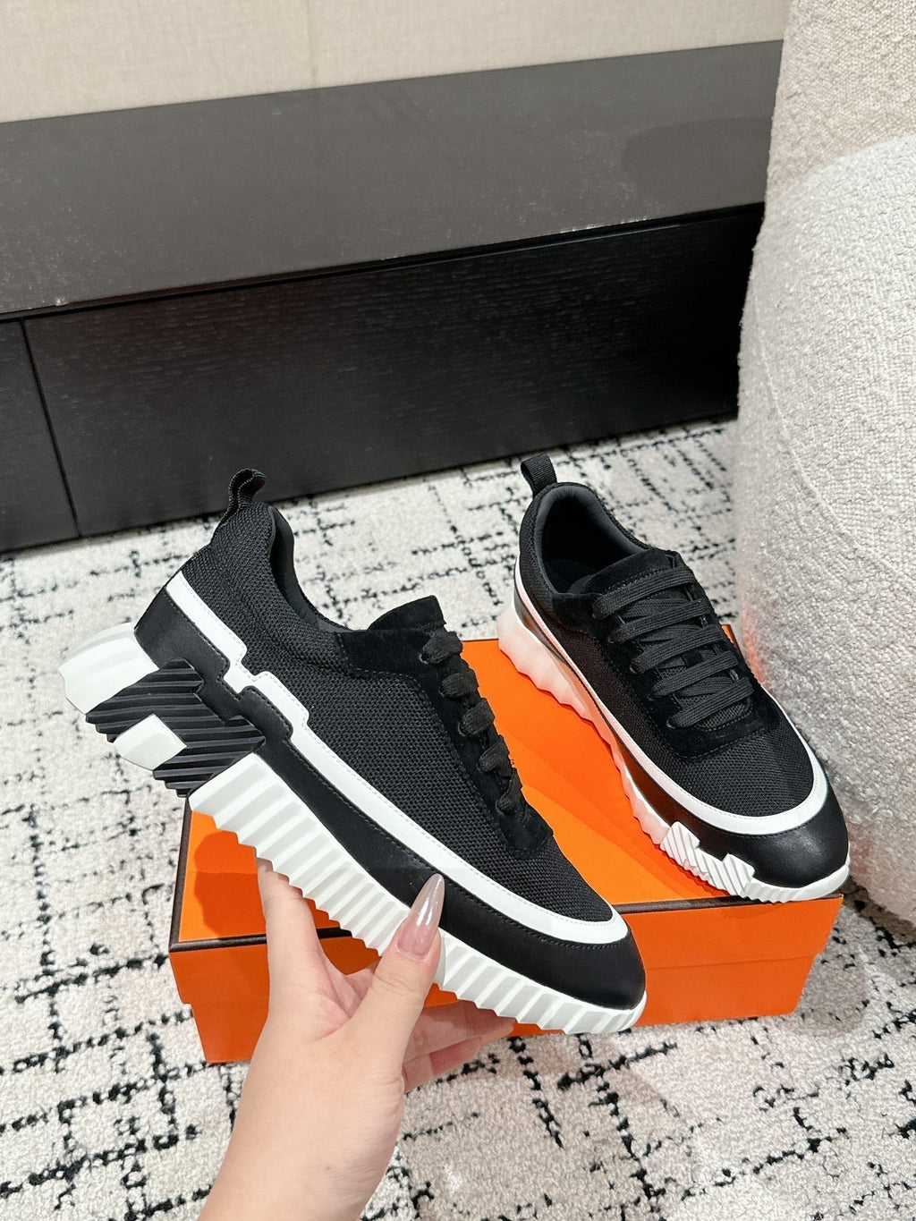 Hermes Bouncing Sneaker in Black Mix White Calfskin and Fabric