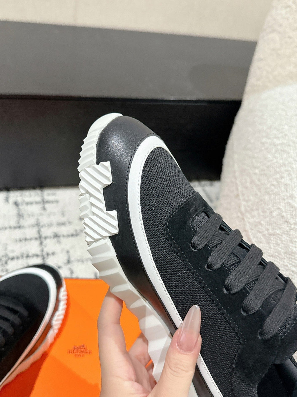 Hermes Bouncing Sneaker in Black Mix White Calfskin and Fabric
