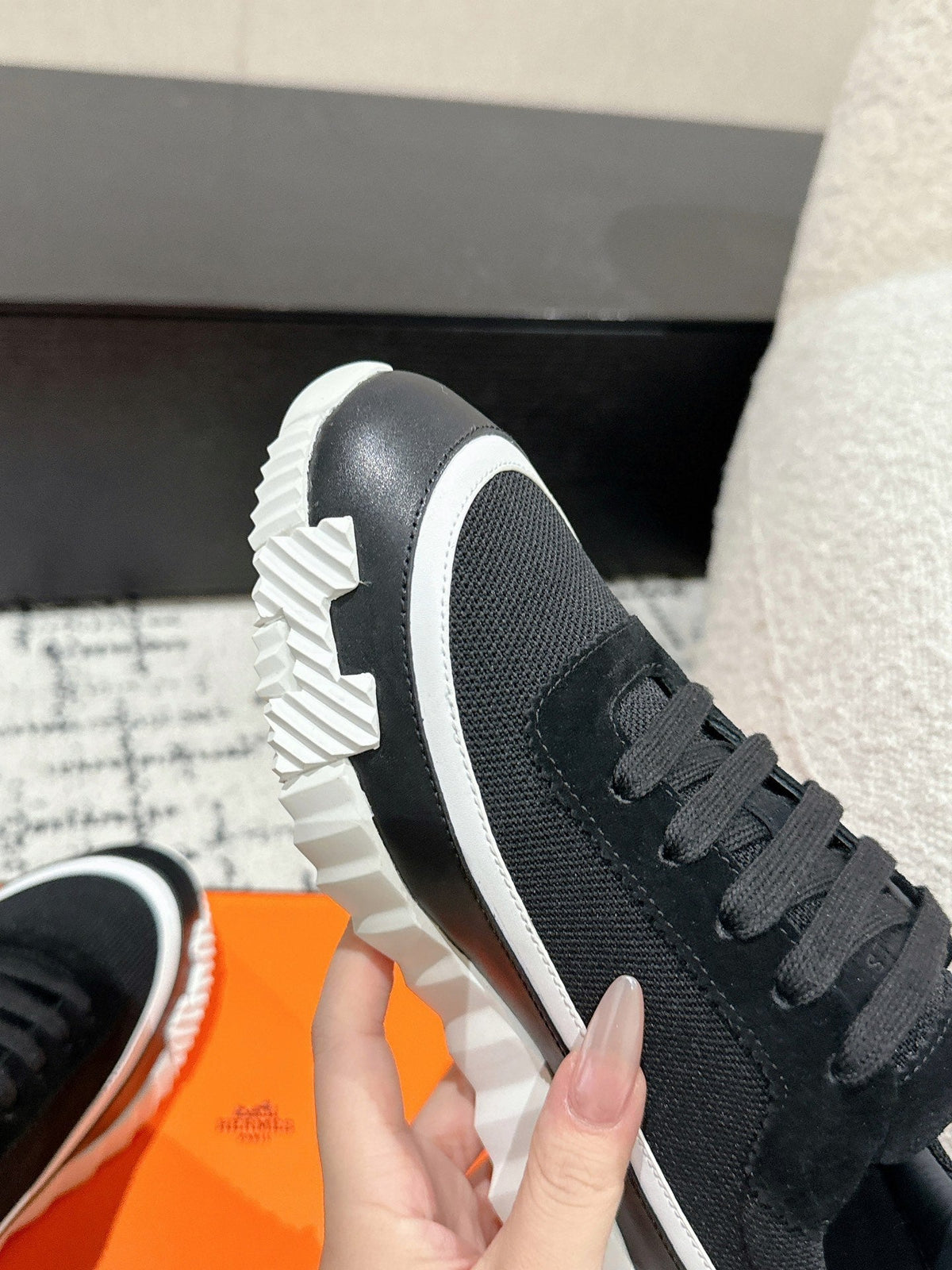 Hermes Bouncing Sneaker in Black Mix White Calfskin and Fabric
