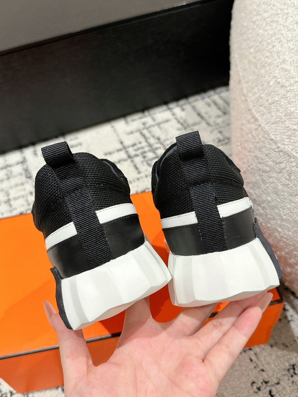 Hermes Bouncing Sneaker in Black Mix White Calfskin and Fabric