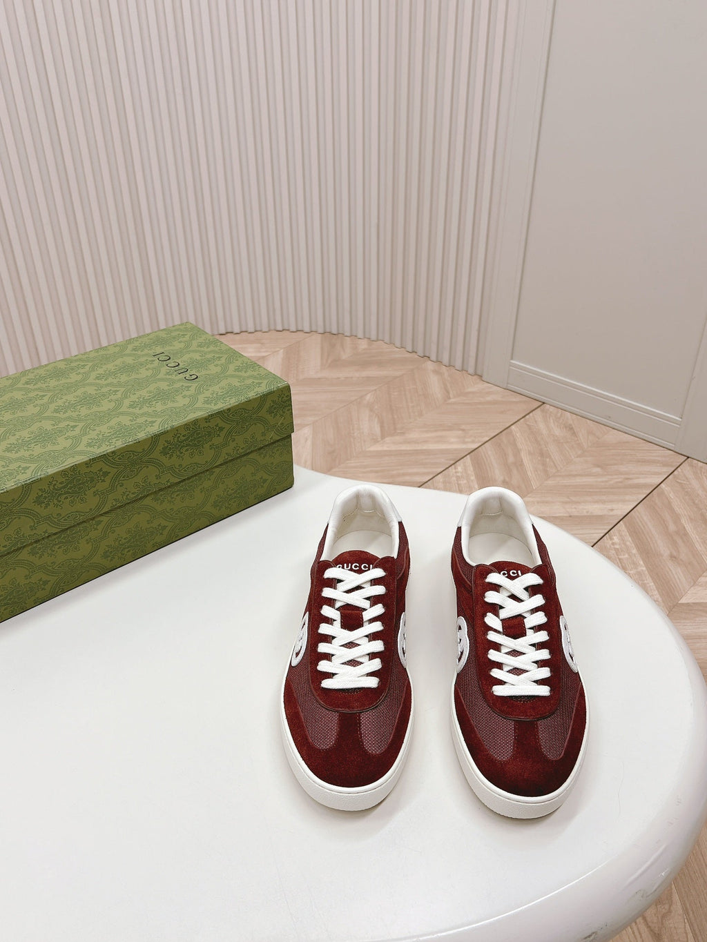 Gucci Sneaker with Interlocking G in Garnet Red Suede and Mesh