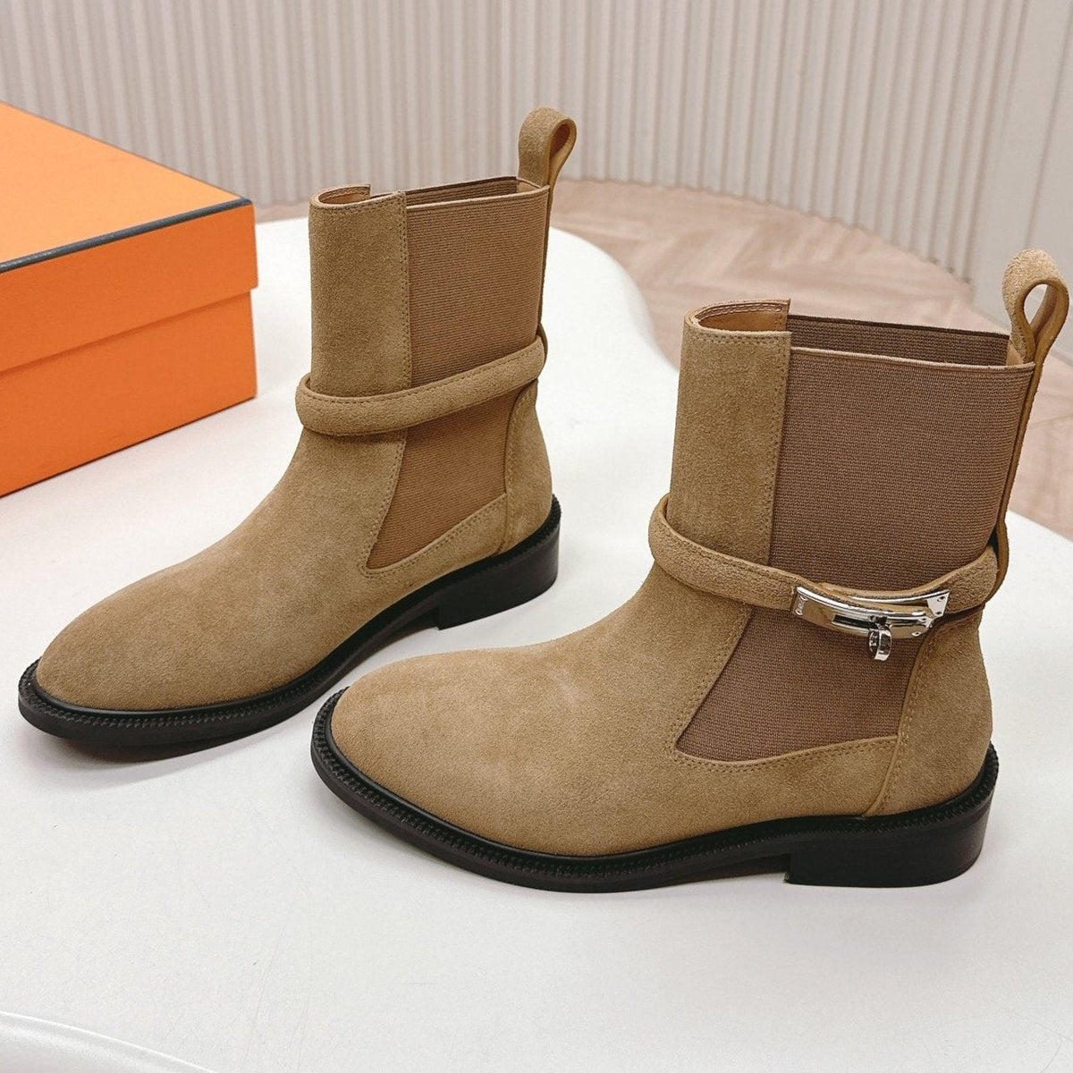 Hermes Kelly Buckle Short Boots in Peanut Brown Suede