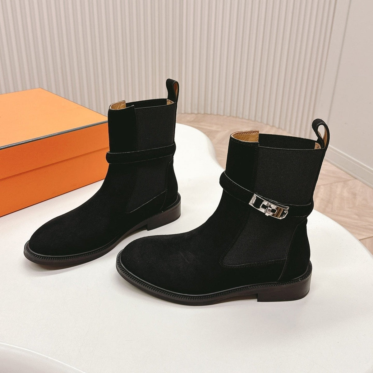 Hermes Kelly Buckle Short Boots in Black Suede