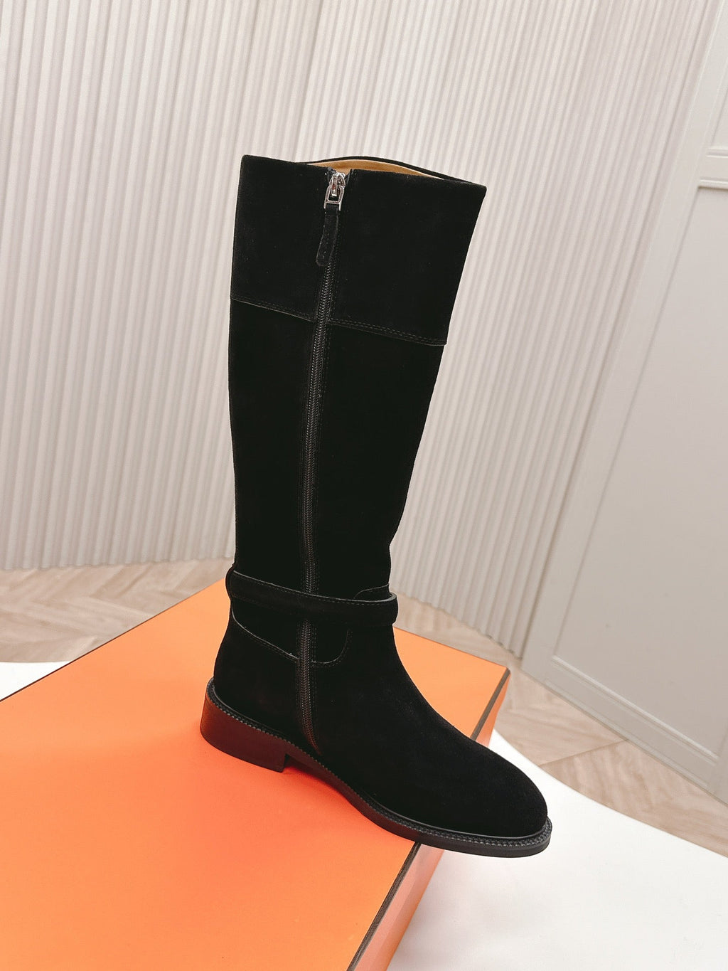 Hermes Knee High Boots in Black Suede with Silver Buckle