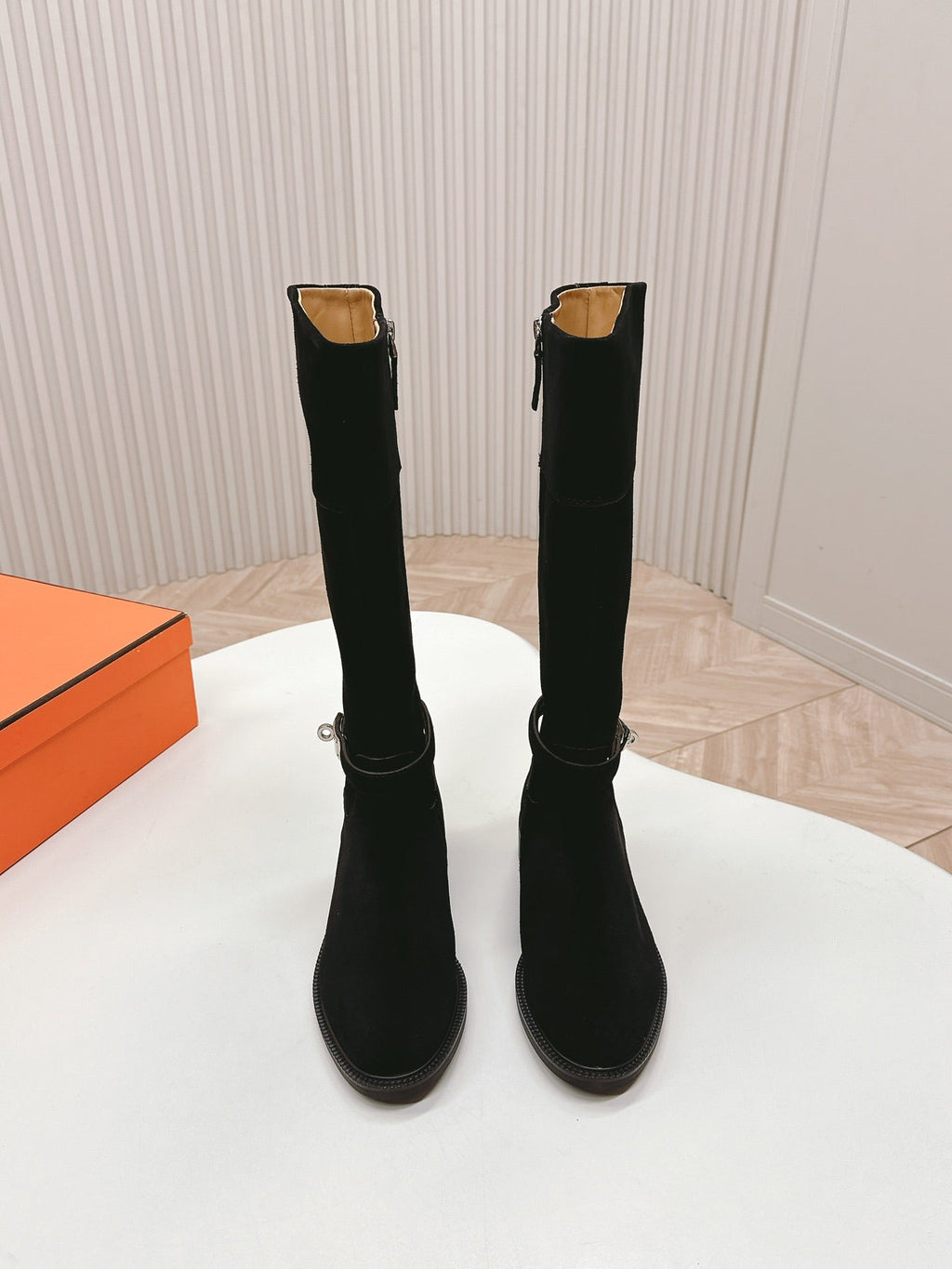 Hermes Knee High Boots in Black Suede with Silver Buckle