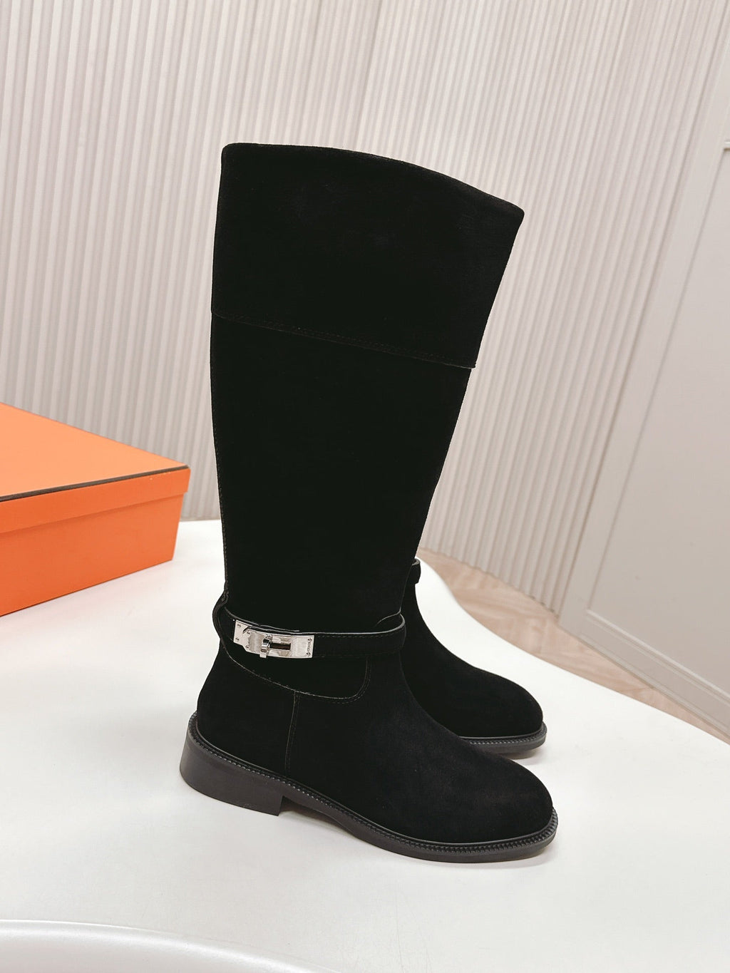 Hermes Knee High Boots in Black Suede with Silver Buckle