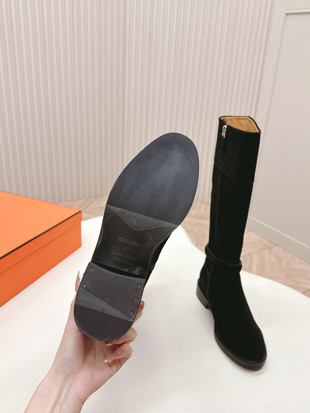 Hermes Knee High Boots in Black Suede with Silver Buckle