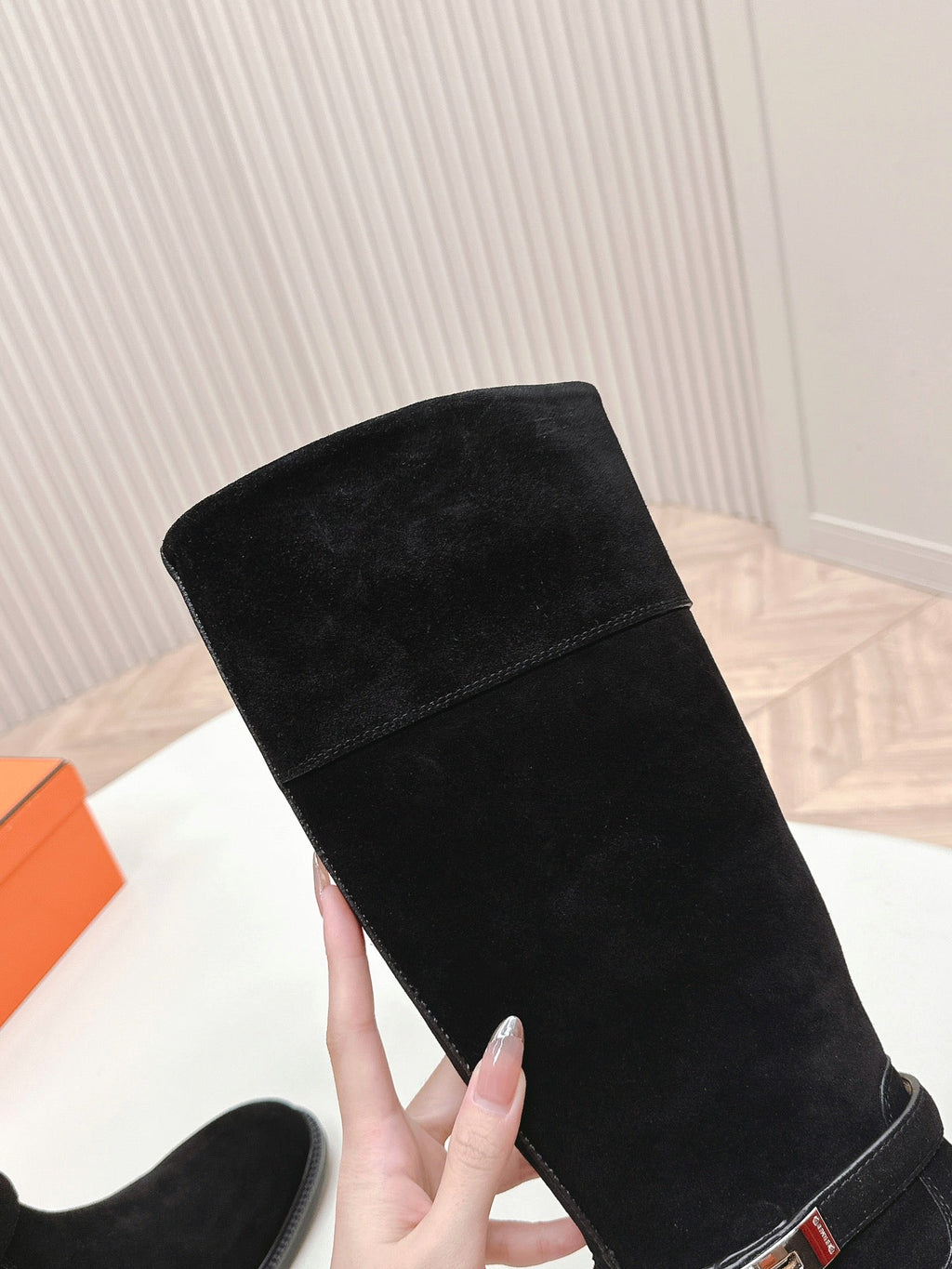 Hermes Knee High Boots in Black Suede with Silver Buckle