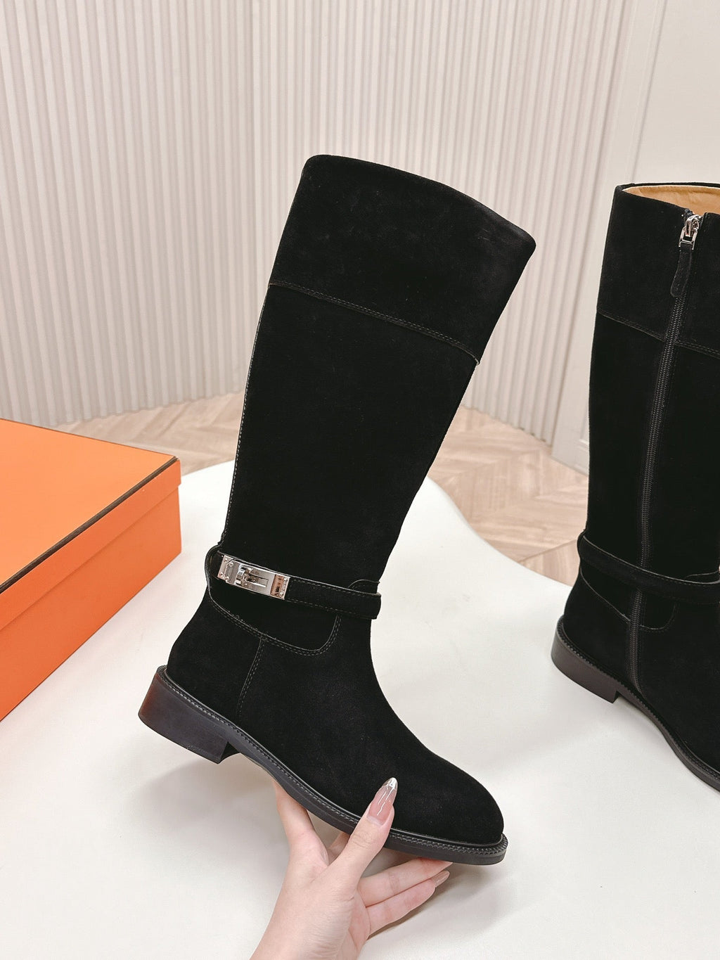 Hermes Knee High Boots in Black Suede with Silver Buckle