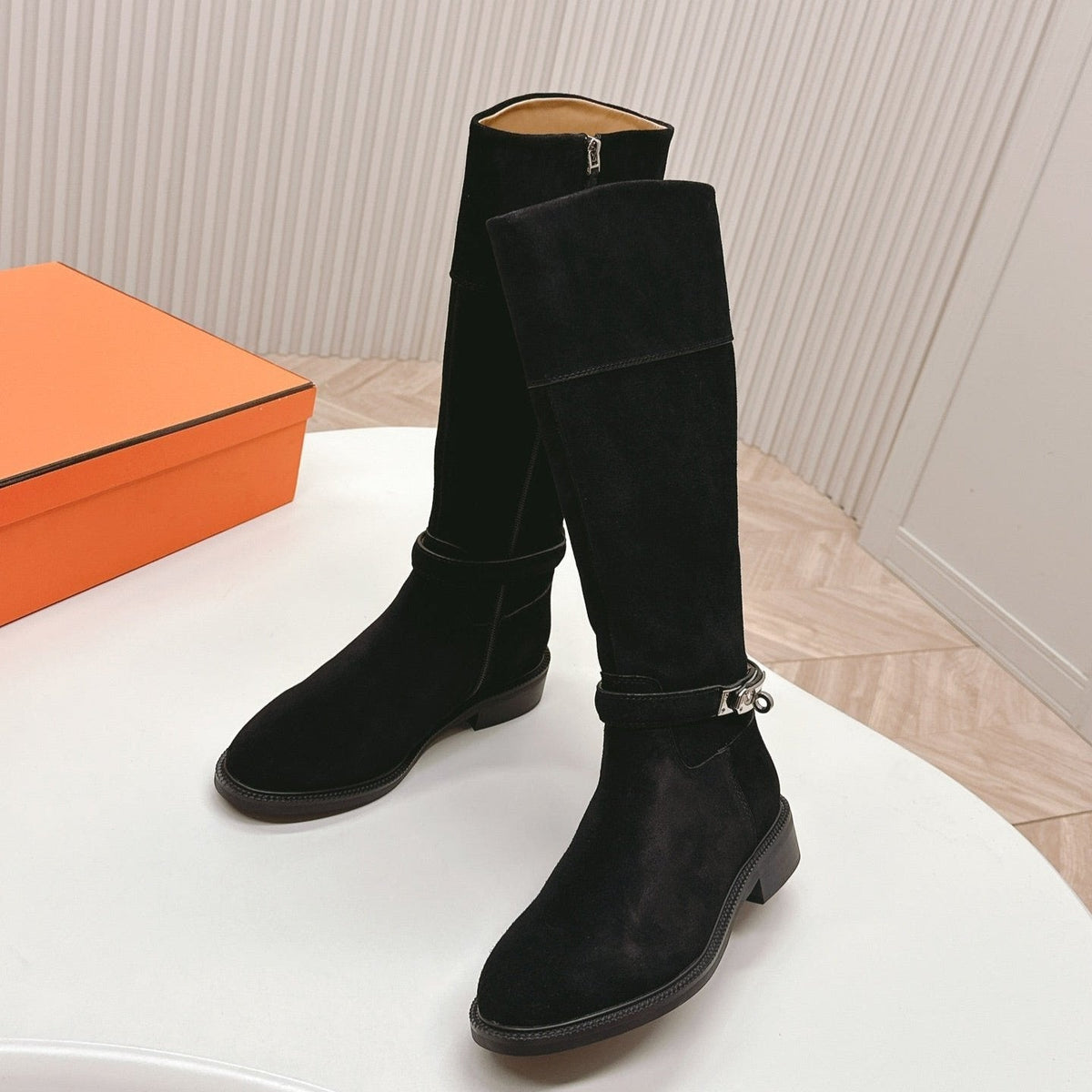 Hermes Knee High Boots in Black Suede with Silver Buckle